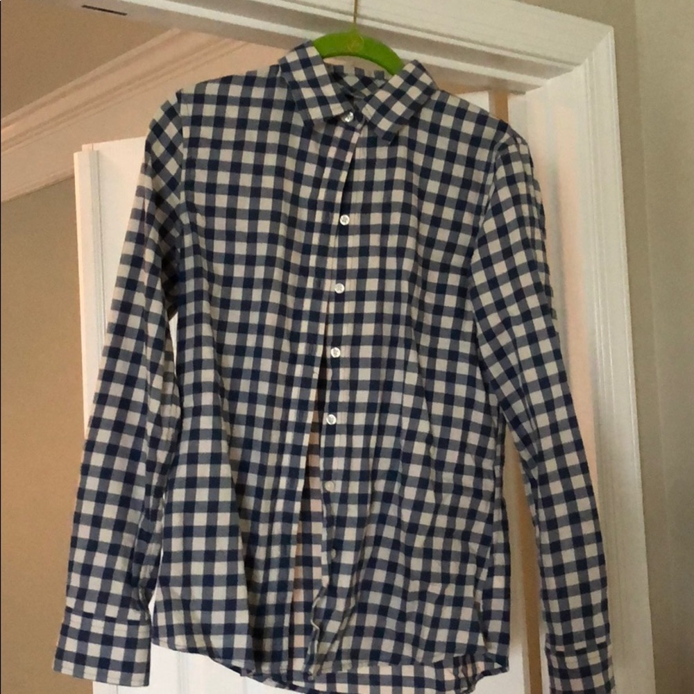 Blue and white check button down